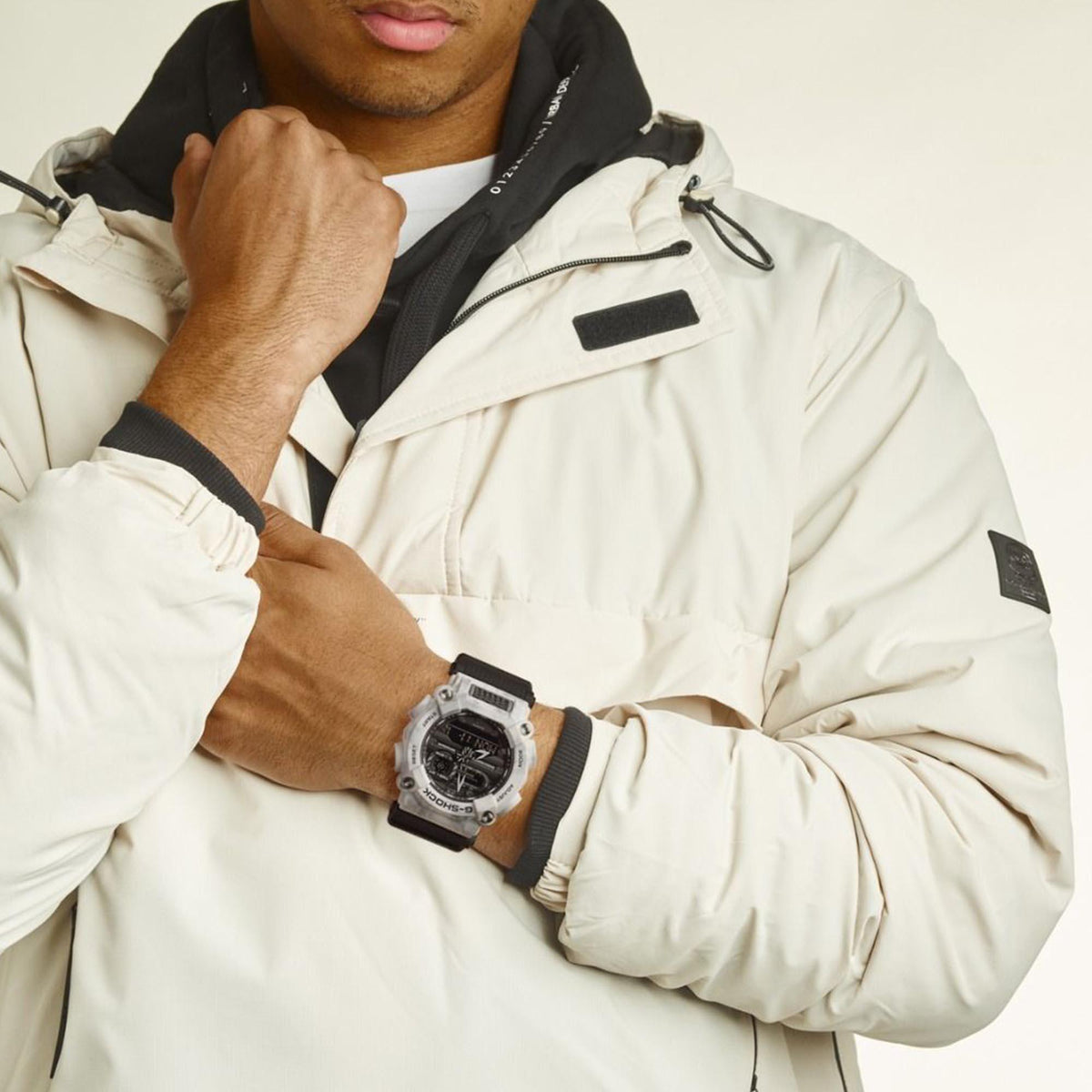 Men's G-Shock quartz watch with black dial and grey resin camouflage strap