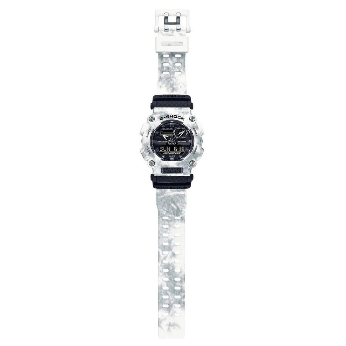 G-Shock wristwatch with grey resin strap and black dial, top view