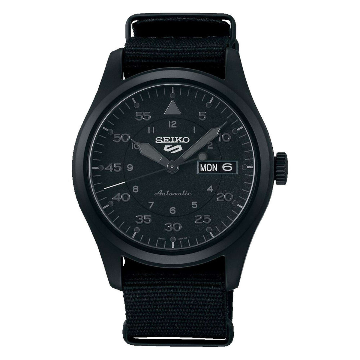 Men's automatic field watch with black dial, day-date window, black nylon strap