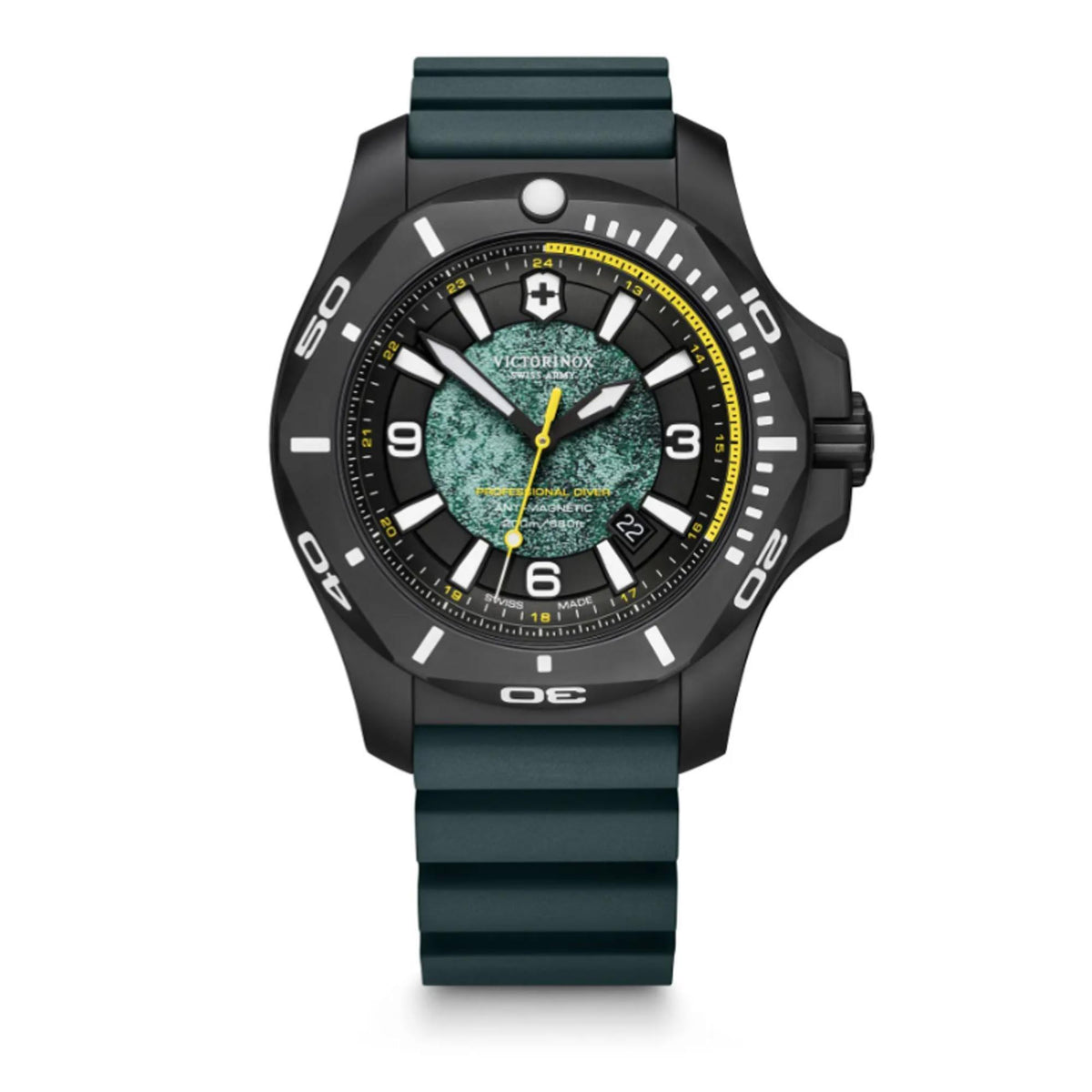 Men's black dive watch with green textured dial and dark teal rubber strap front view