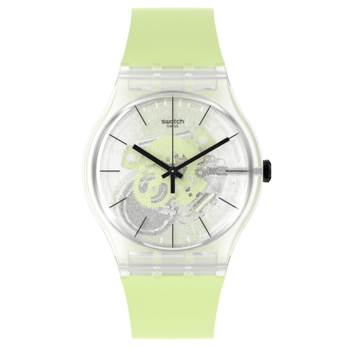 Quartz watch with transparent green dial, black hands, and light green band