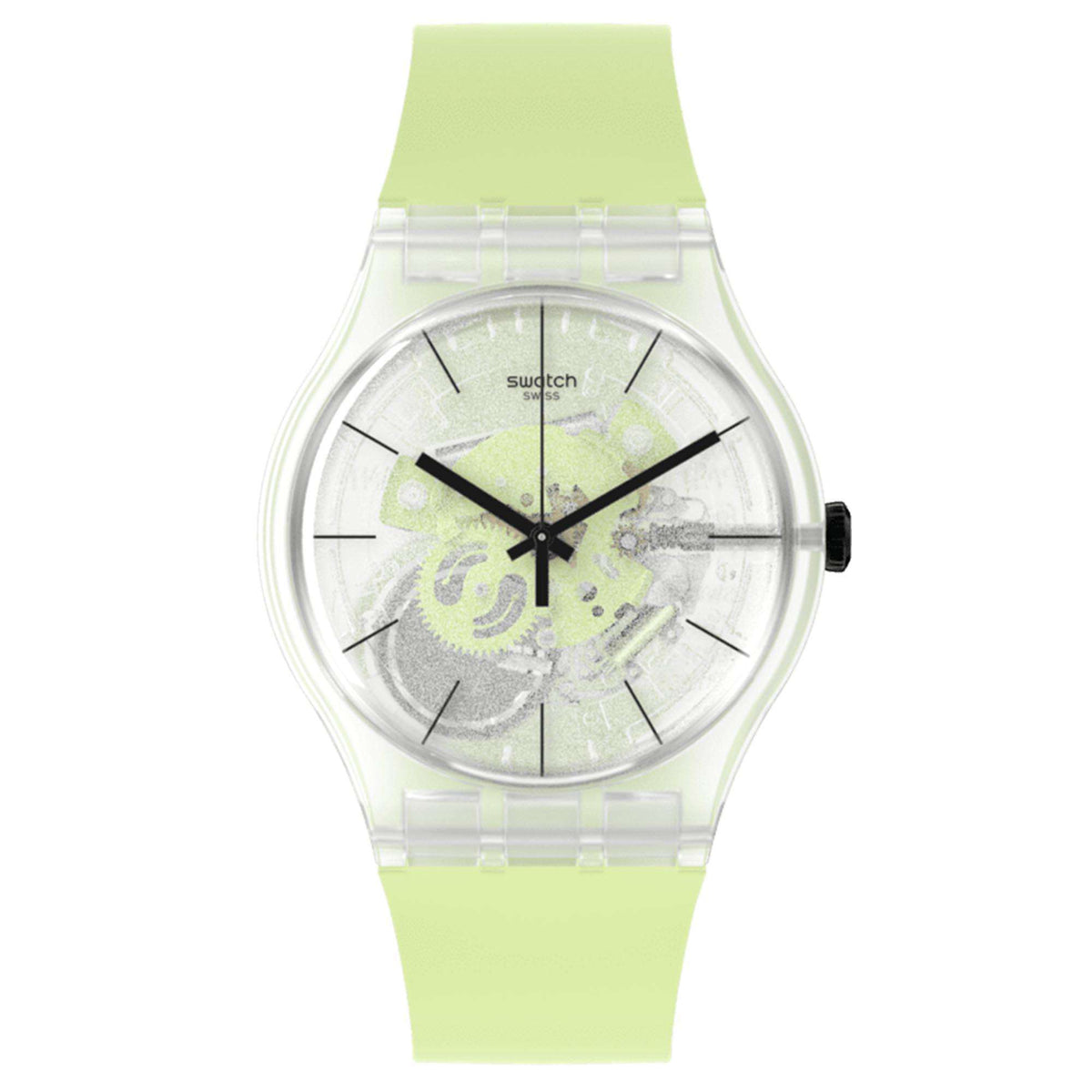 Quartz watch front view with transparent dial, light green strap and side crown