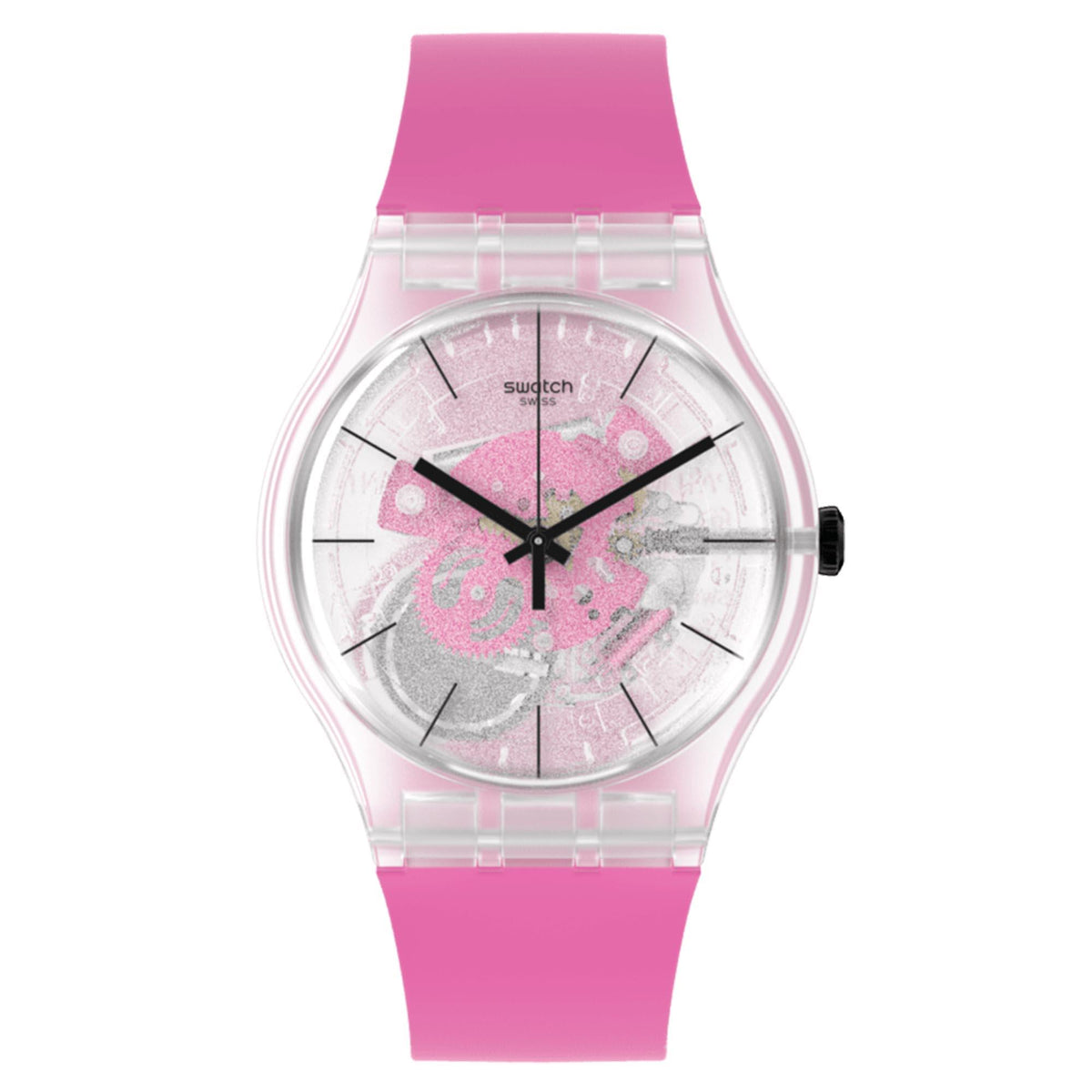 Ladies pink transparent strap analog wrist watch with pink graphic dial and black hands