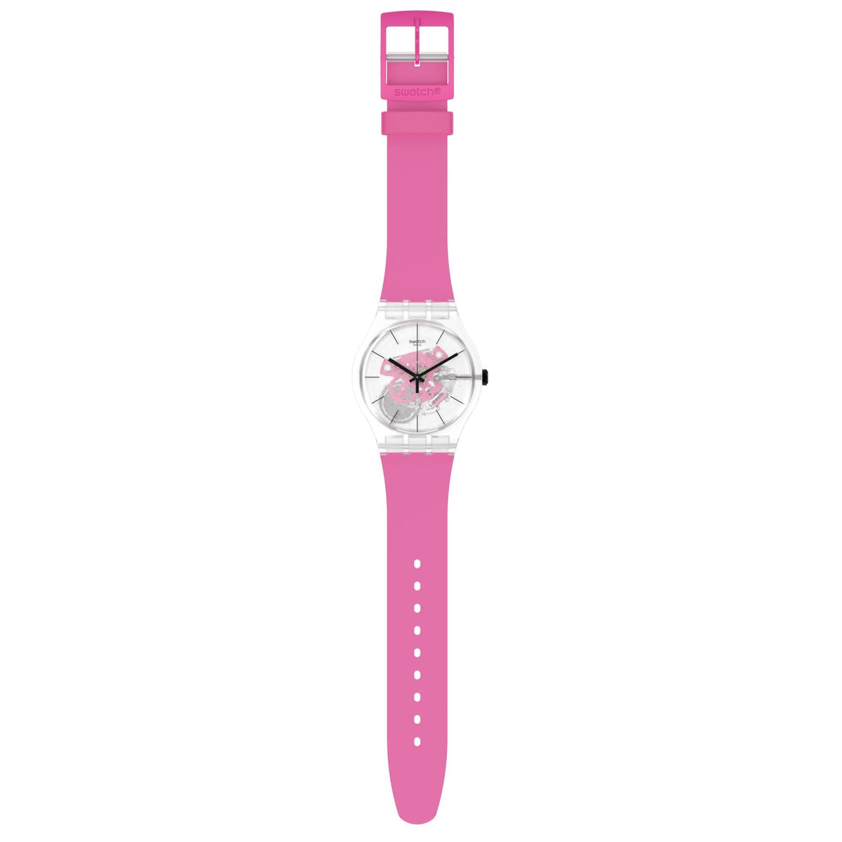 Ladies pink transparent strap wrist watch, side view showing dial and crown detail
