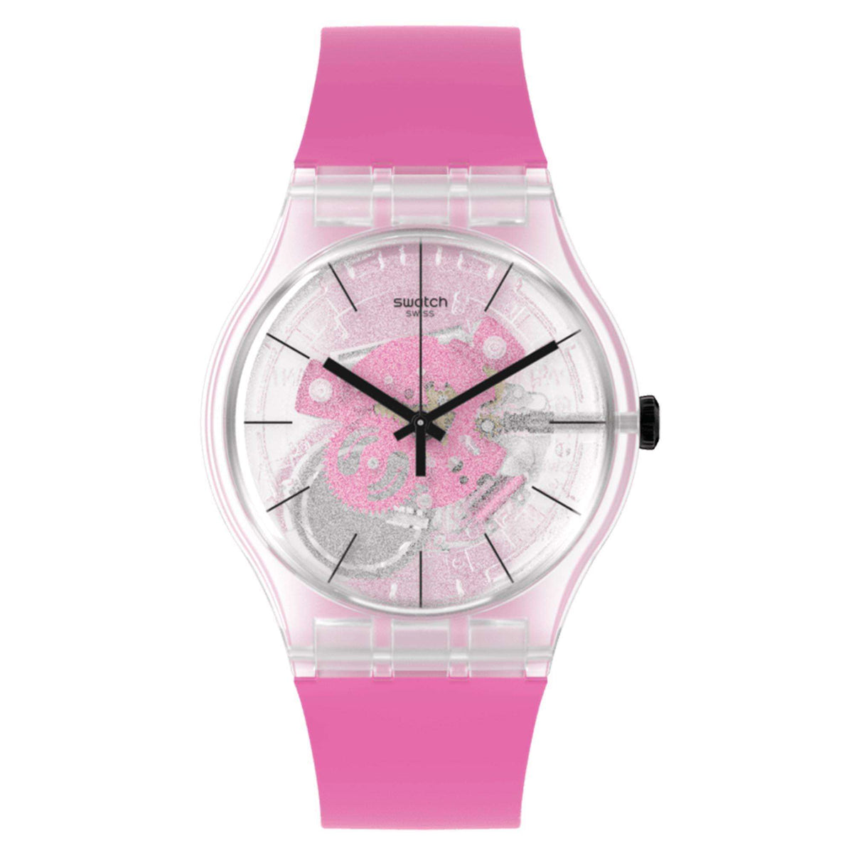 Ladies pink transparent strap quartz wrist watch with pink speckled dial and black hands