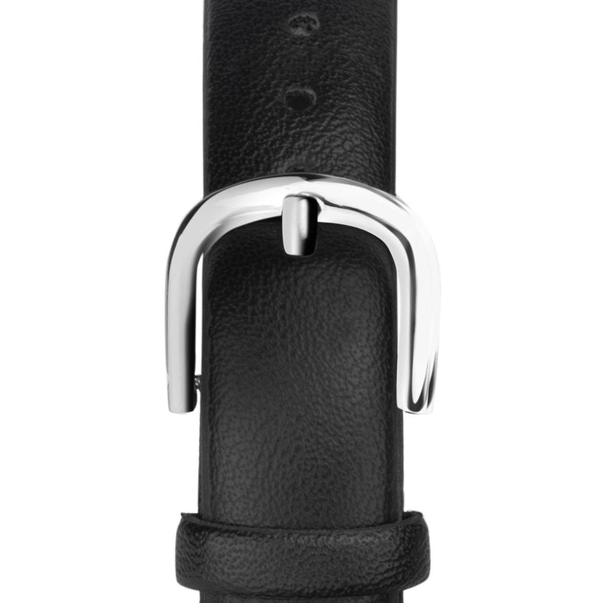 Back of watch case with curved silver lugs and textured black leather strap