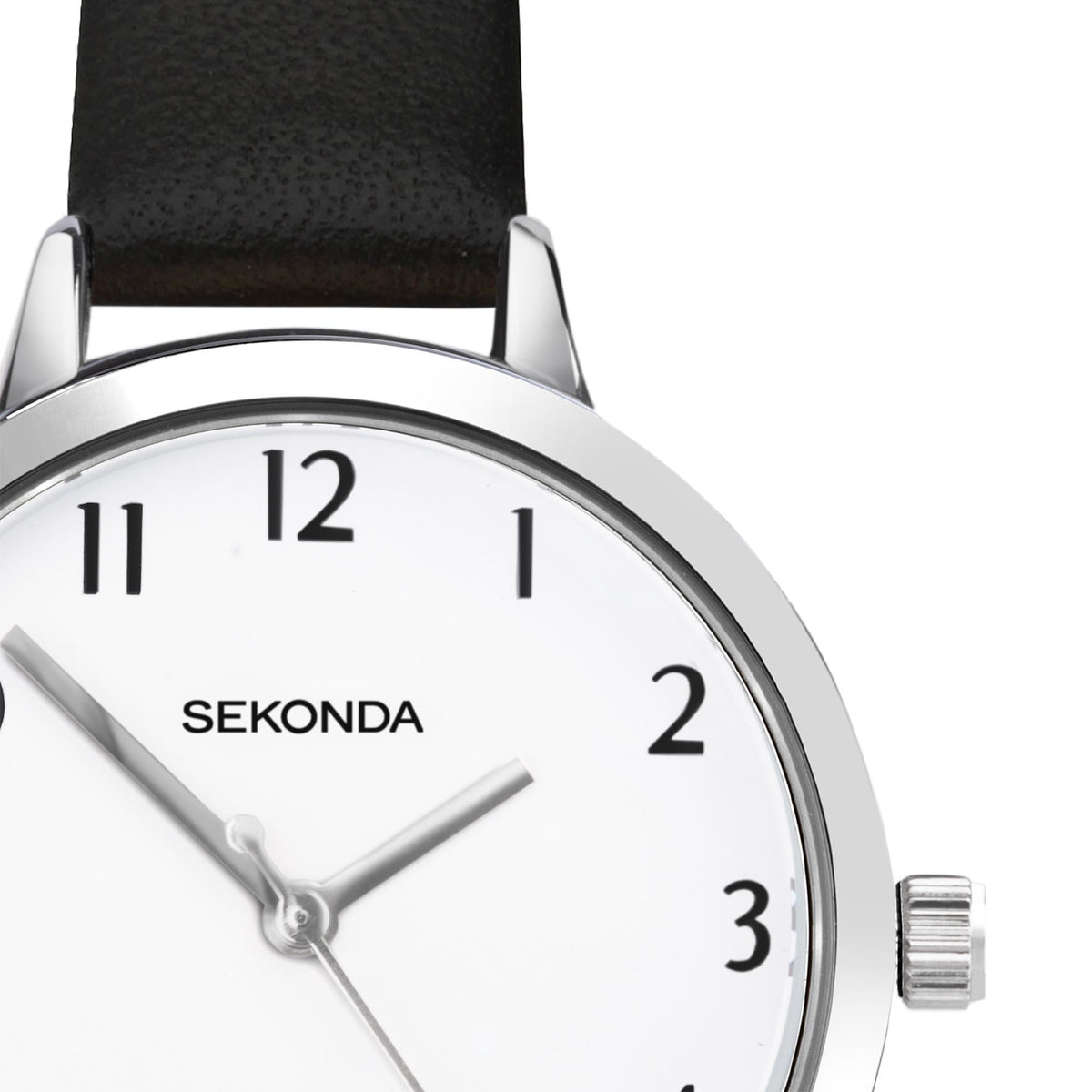 Close-up of white dial with Sekonda text, Roman numerals, and side crown