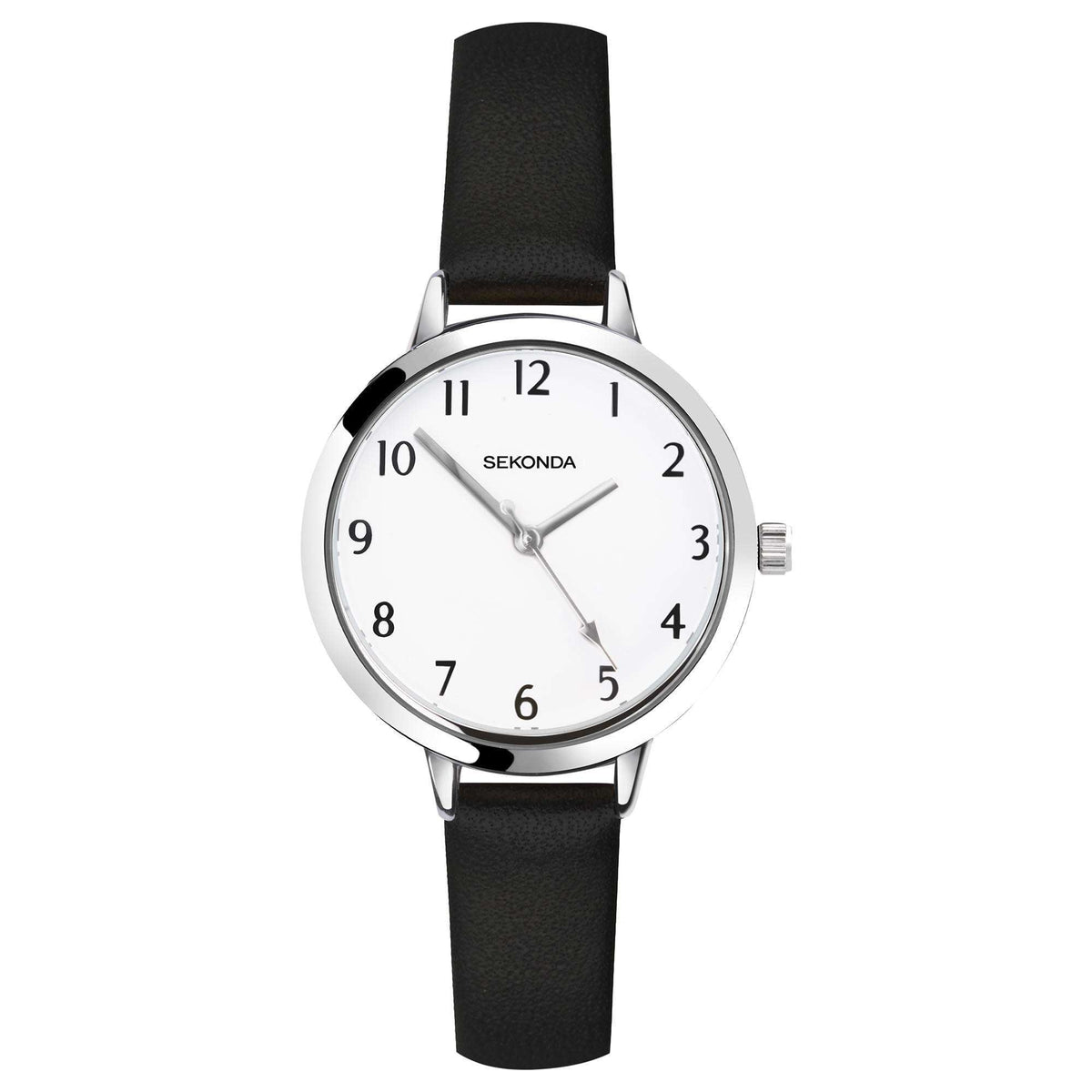 Ladies quartz watch front view with white dial, Roman numerals, and black leather strap