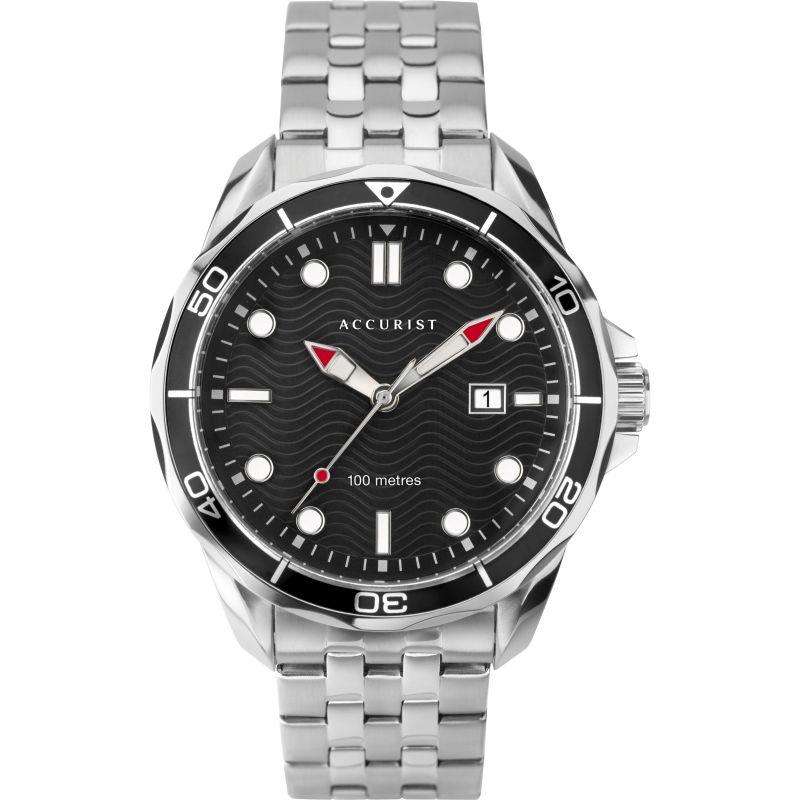 Men's stainless steel bracelet watch with black dial, luminous markers, and date window