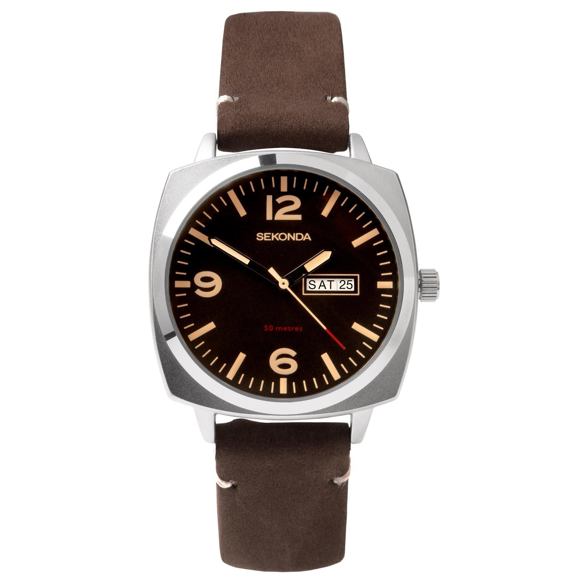 Men's quartz watch front view, black dial, brown leather strap, silver case