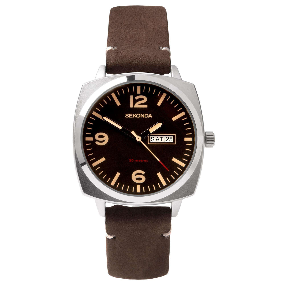 Men's quartz watch front view, black dial, brown leather strap, day-date at 3