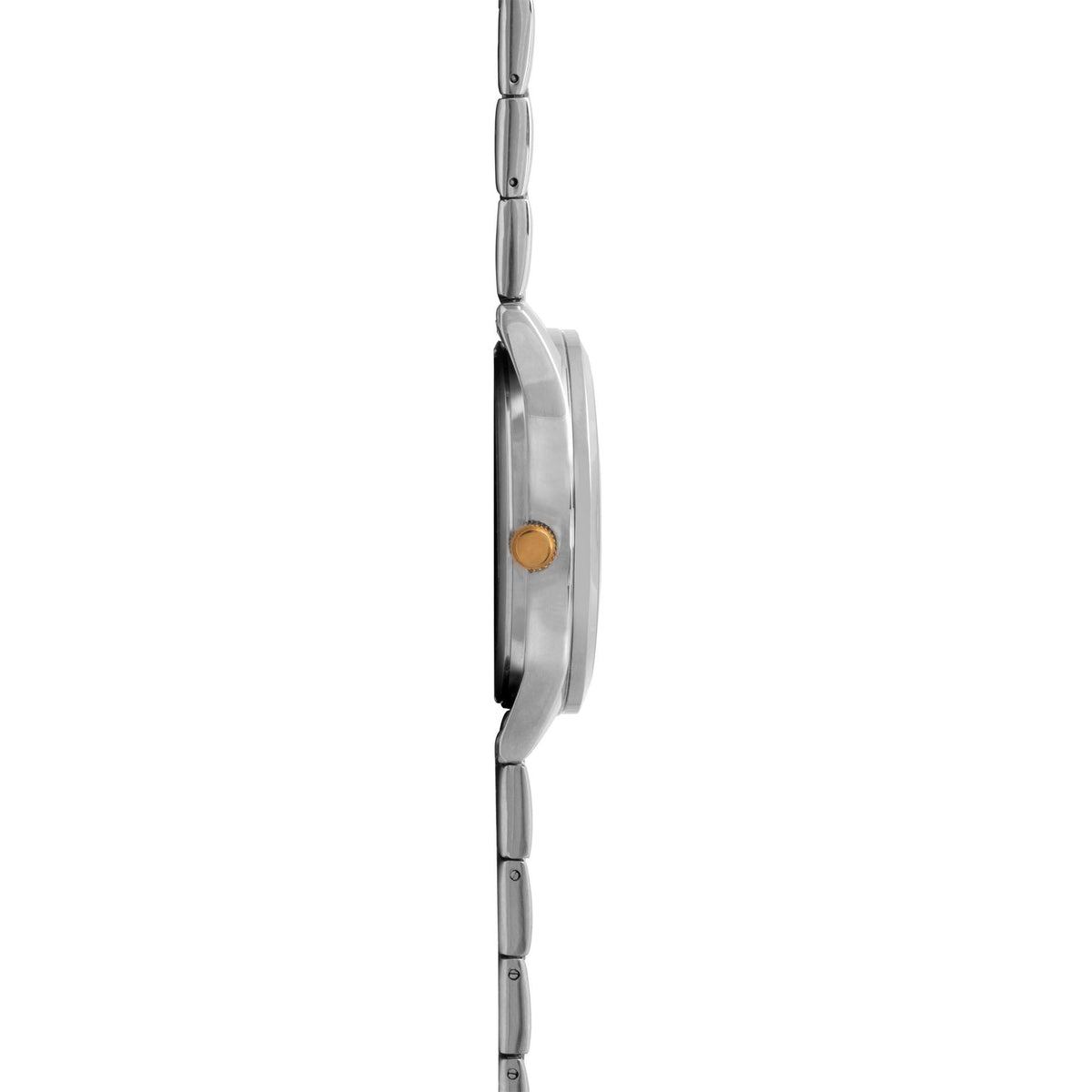 Men's two-tone stainless steel watch, side view with gold-toned crown and bezel