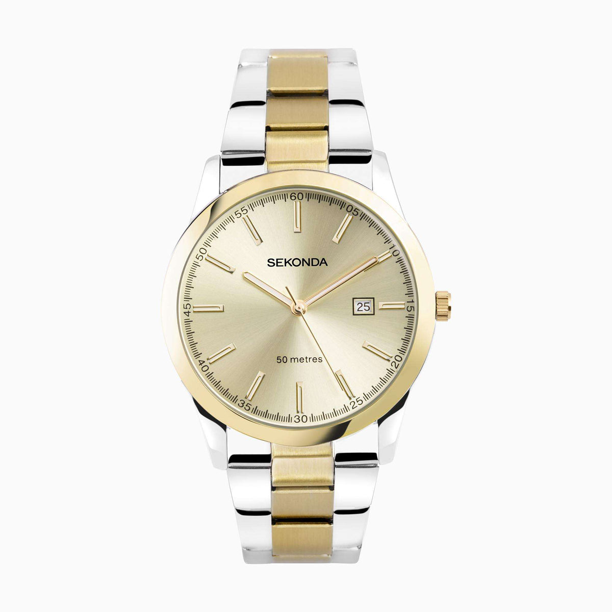 Two-tone stainless steel men’s quartz watch with champagne dial, date window, and gold bezel