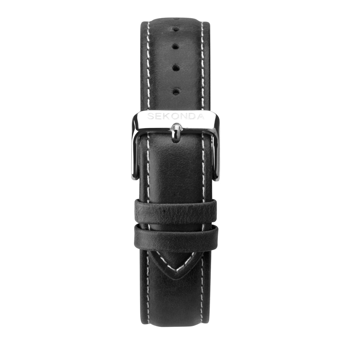 Back view of men's watch strap with black leather stitching, buckle, and silver lugs
