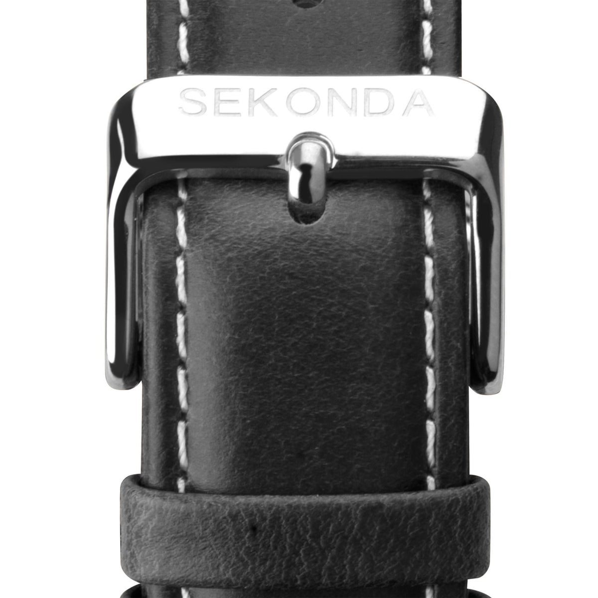 Sekonda men's watch case and black leather strap, stitched lugs, close-up.