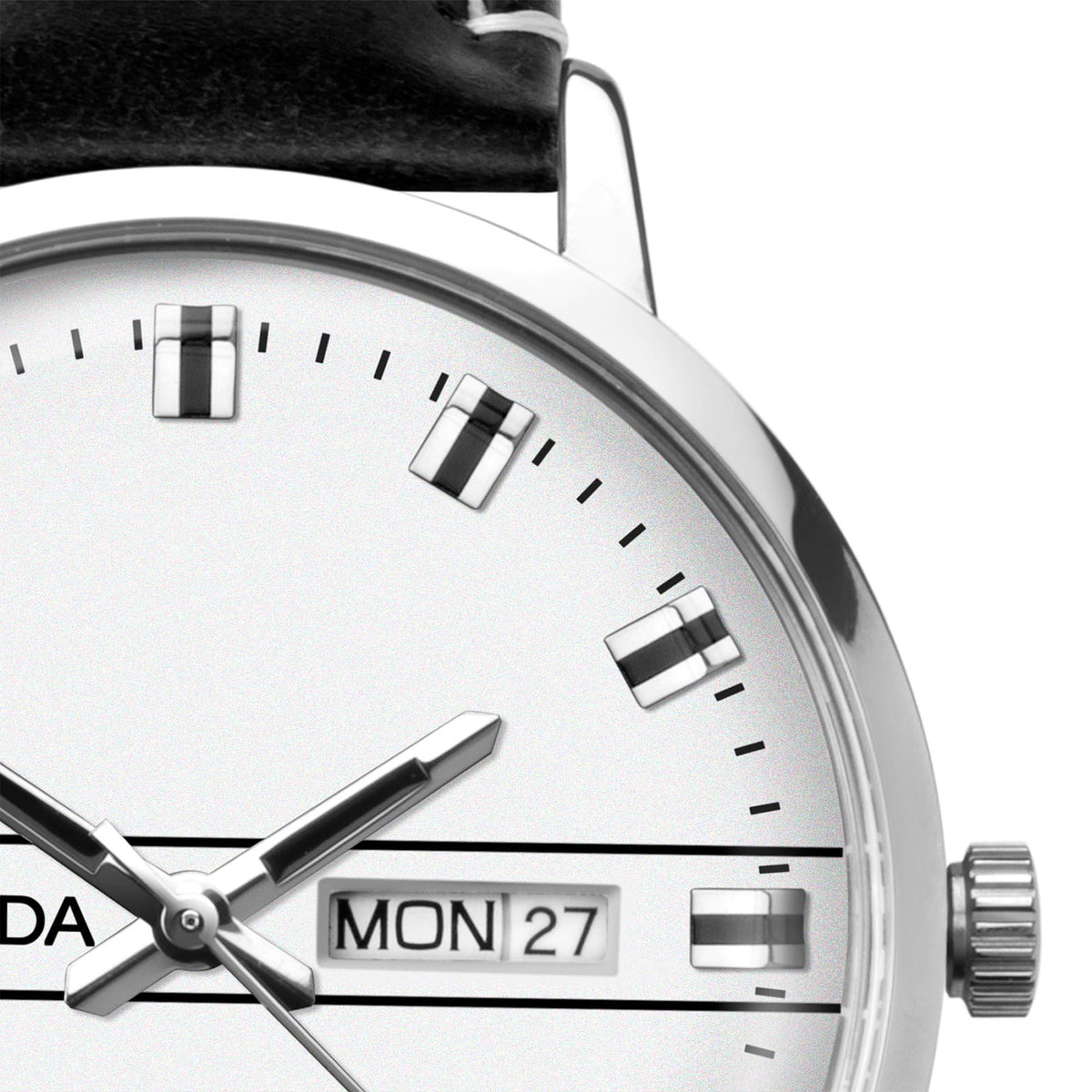 Sekonda quartz watch dial with white face, date window 'MON 27', black indices.