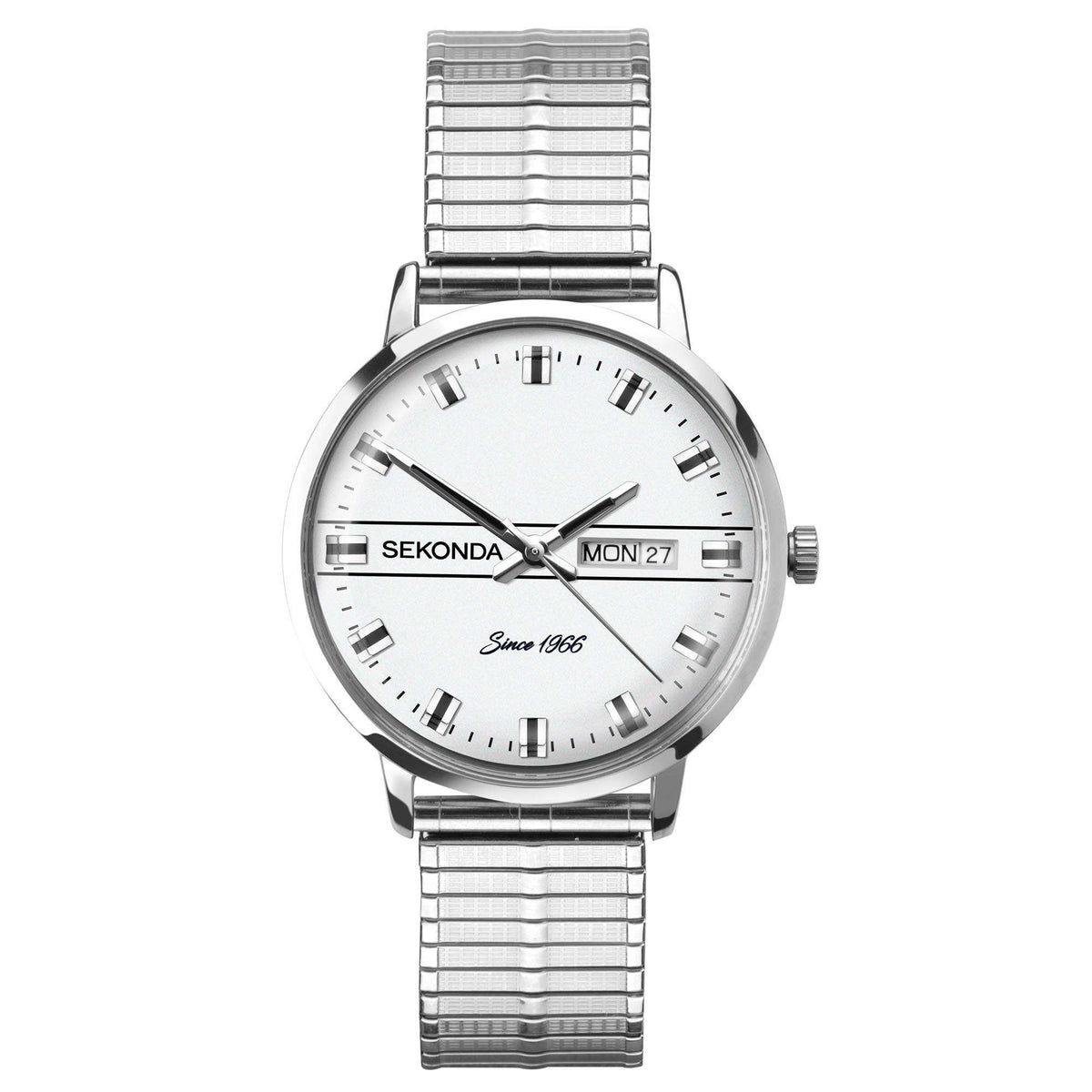 Front quartz watch with white dial, baton hour markers, Mon 27 date window, steel bracelet
