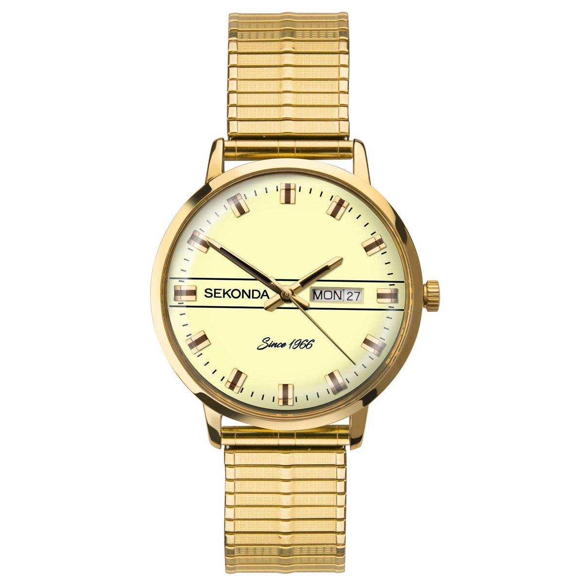 Gold-tone men’s quartz watch with cream dial, day/date window, and metal bracelet
