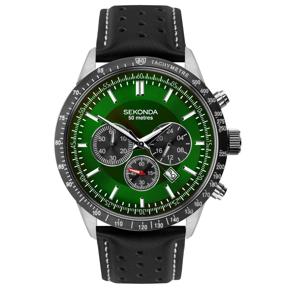 Sekonda men's chronograph watch, green dial with tachymetre bezel and black leather strap