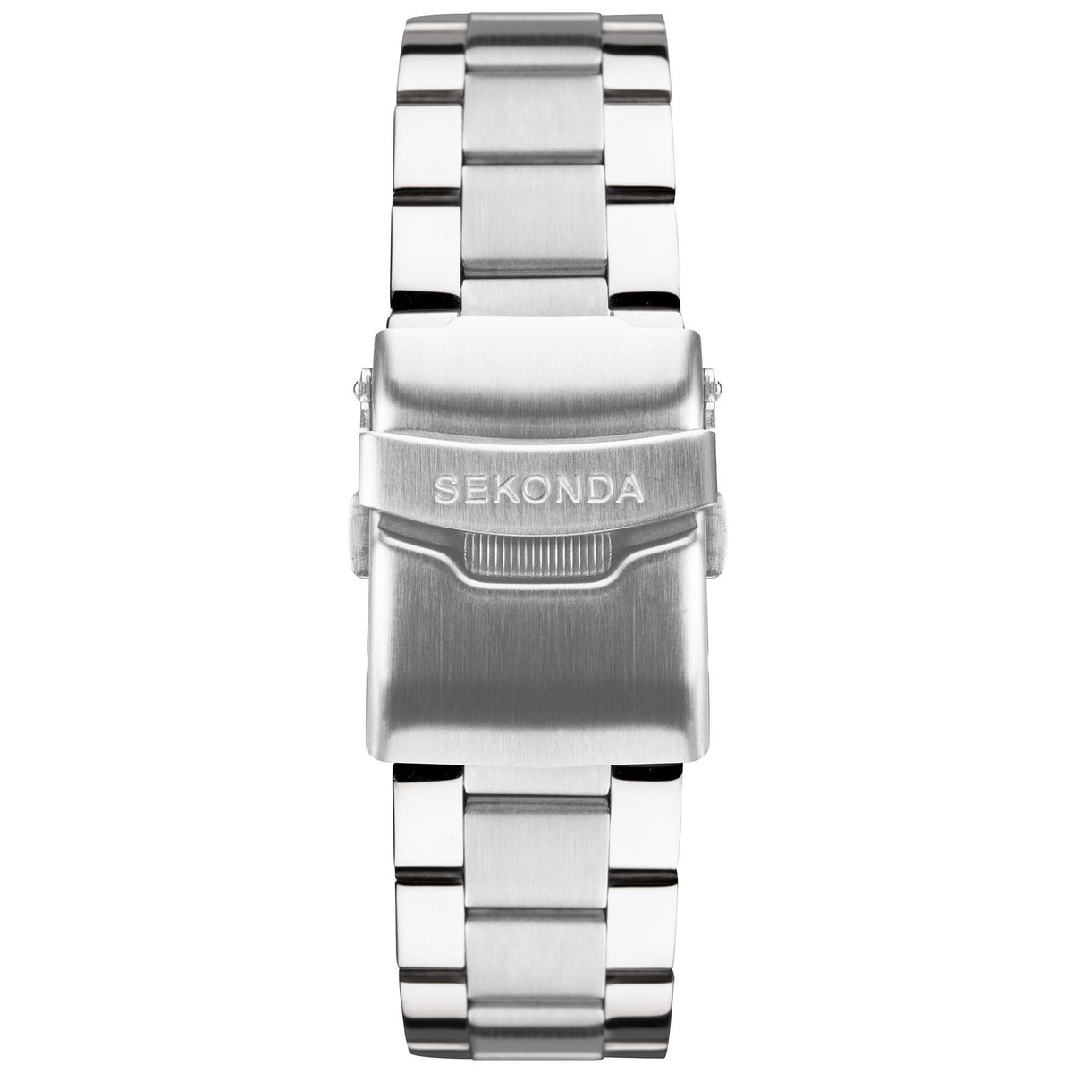 Sekonda stainless steel watch bracelet back view with clasp and engraved SEKONDA