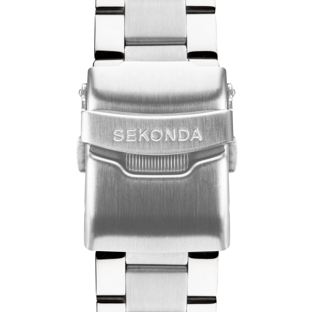 Sekonda stainless steel watch clasp close-up with engraved SEKONDA on the band