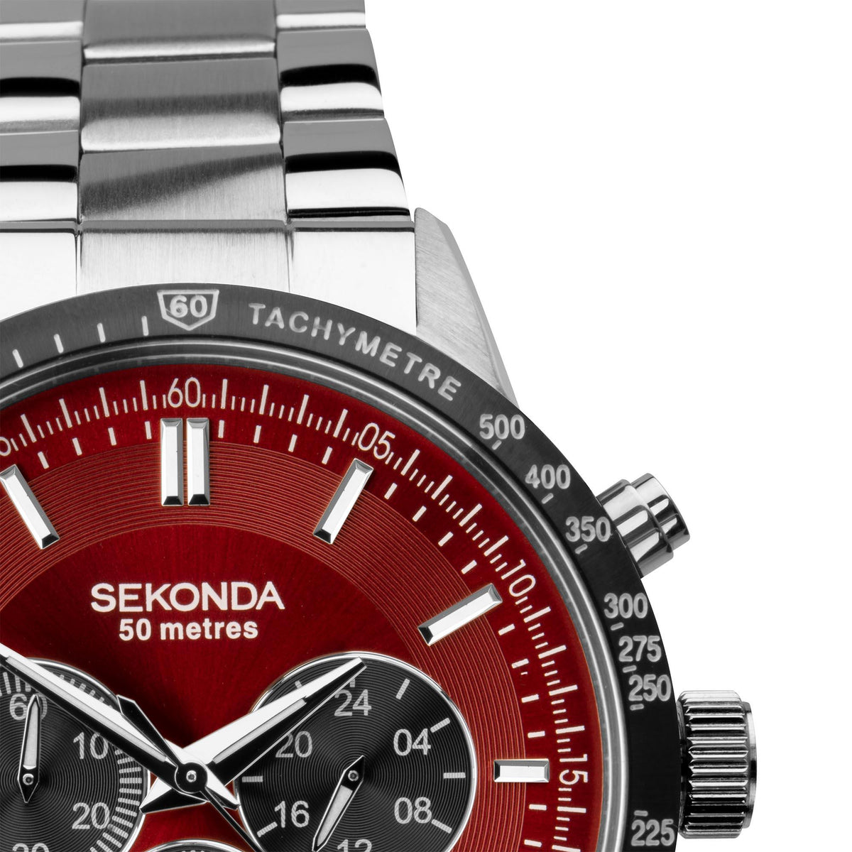 Sekonda chronograph quartz watch dial close-up: red face with tachymeter markings