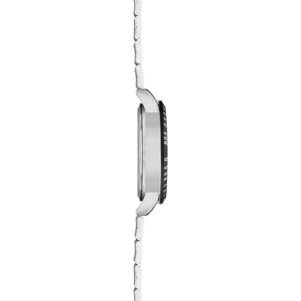 Sekonda chronograph quartz watch side view with textured crown and stainless bracelet links