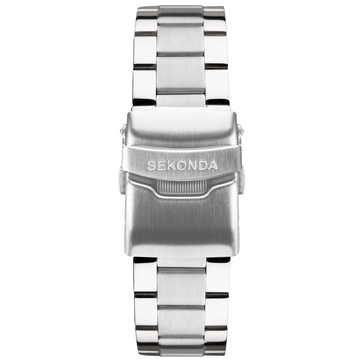 Men's stainless steel bracelet watch with 'SEKONDA' clasp plate and linked band