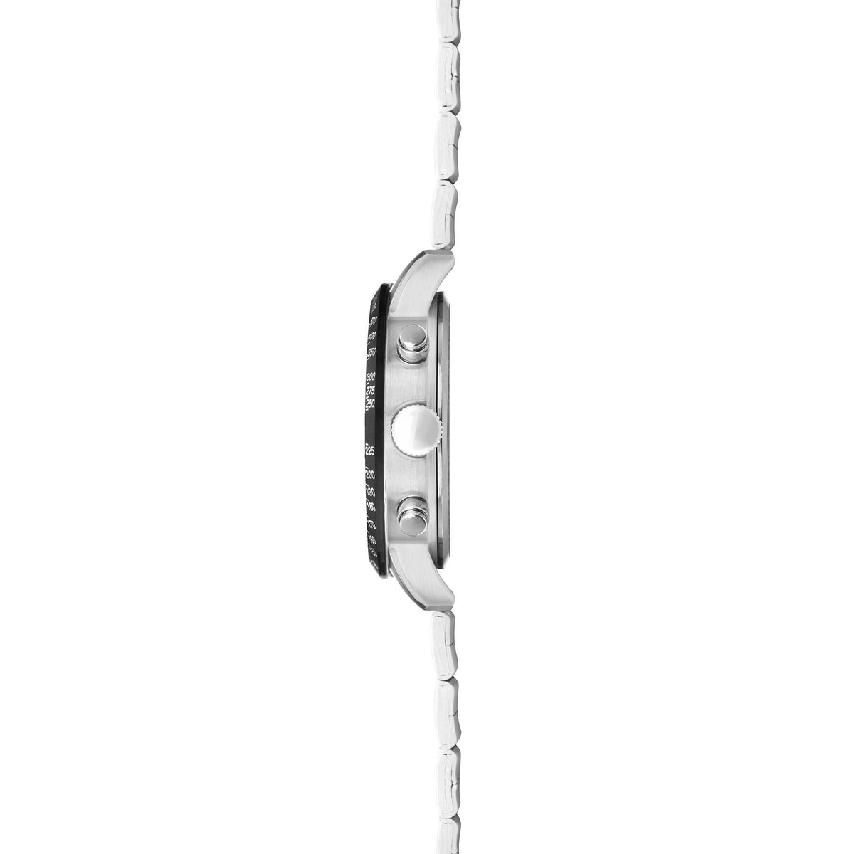 Stainless steel watch with side crown and two chronograph pushers on bezel