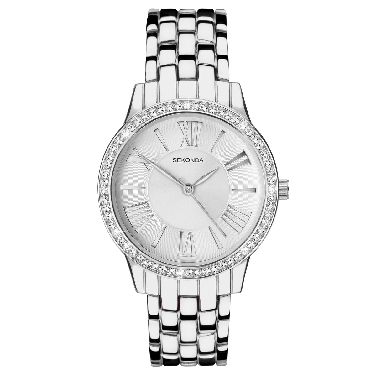 Sekonda ladies quartz watch, white dial, Roman numerals, crystal bezel, steel bracelet