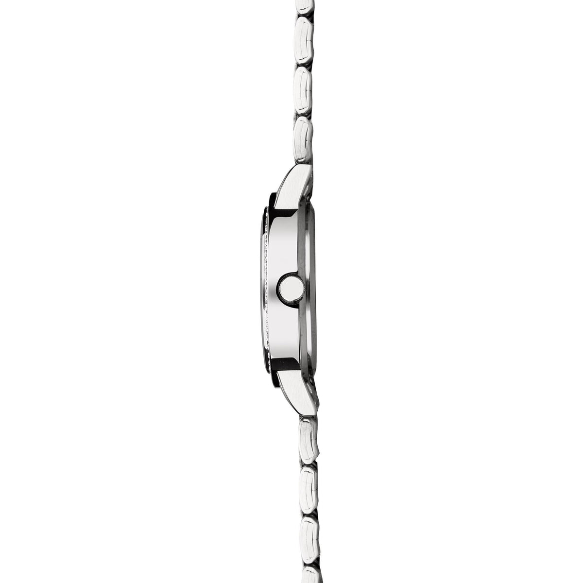 Sekonda stainless steel bracelet watch, side view with round crown and bracelet links