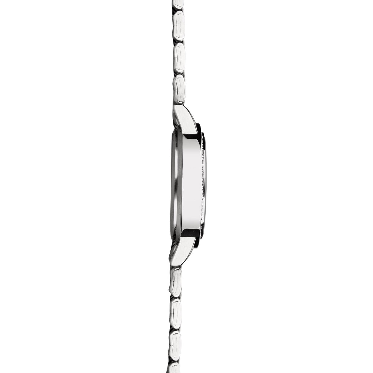 Stainless steel ladies watch with linked bracelet and round silver case, side view