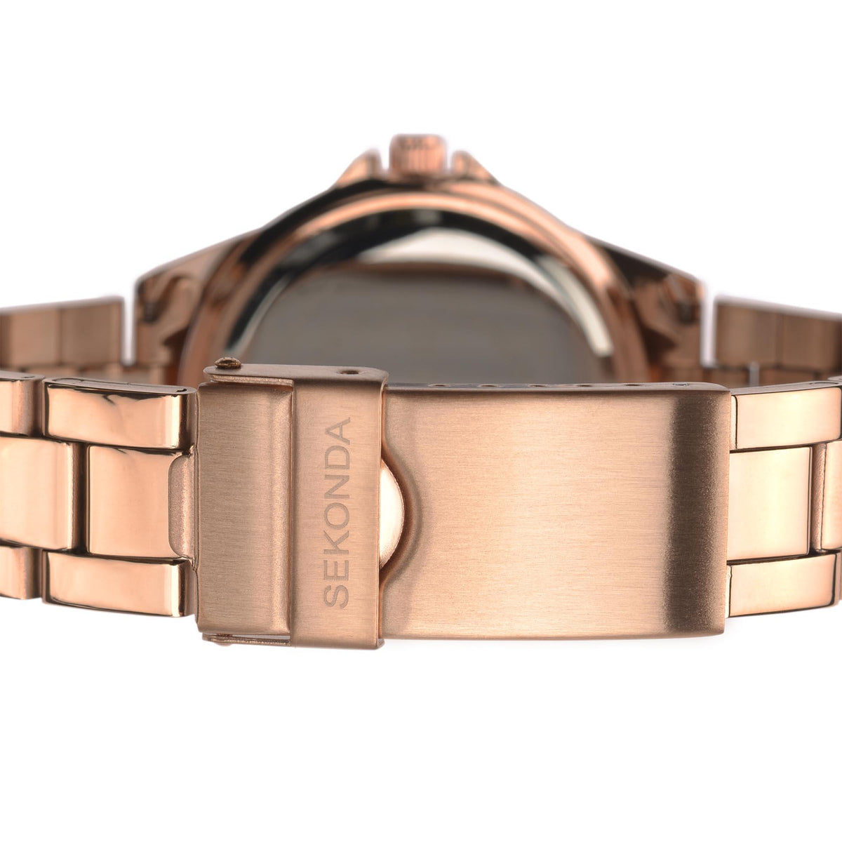 Ladies quartz watch with rose gold-tone metal bracelet and SE K O N D A logo clasp