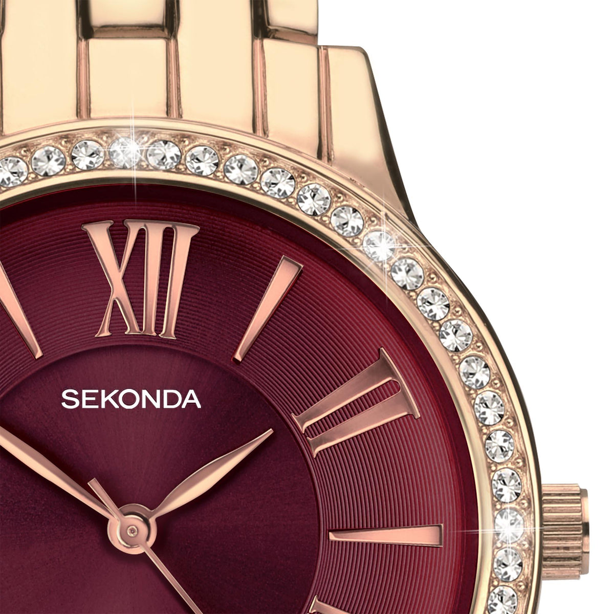 Ladies quartz watch face with burgundy dial, roman numerals, rhinestone bezel
