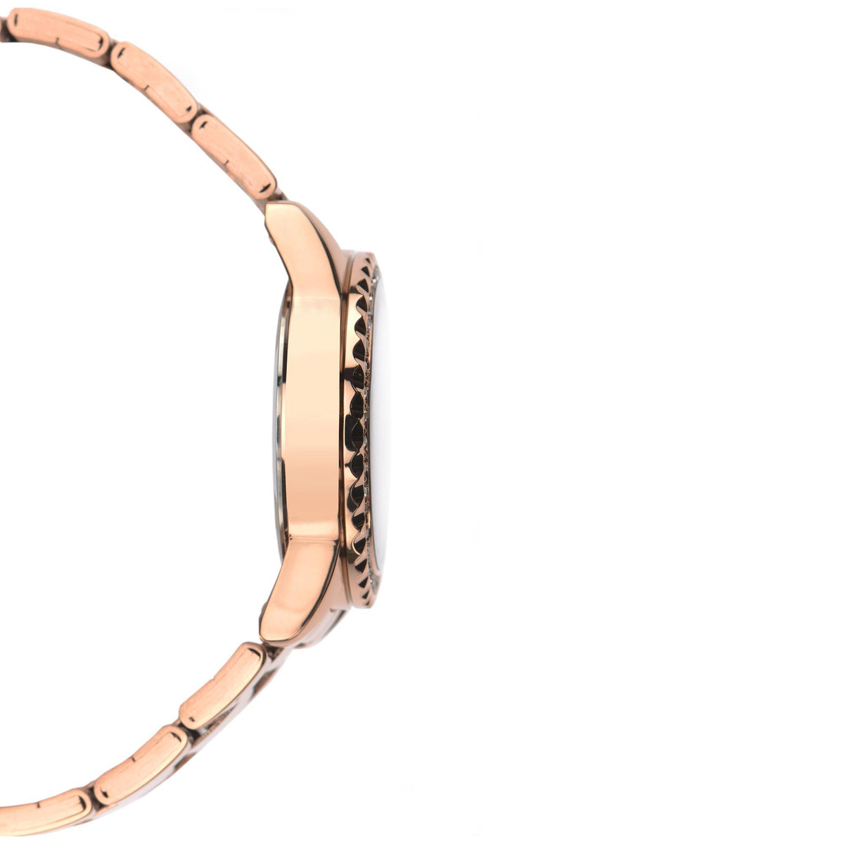 Rose gold-tone ladies quartz watch side view with metal link bracelet