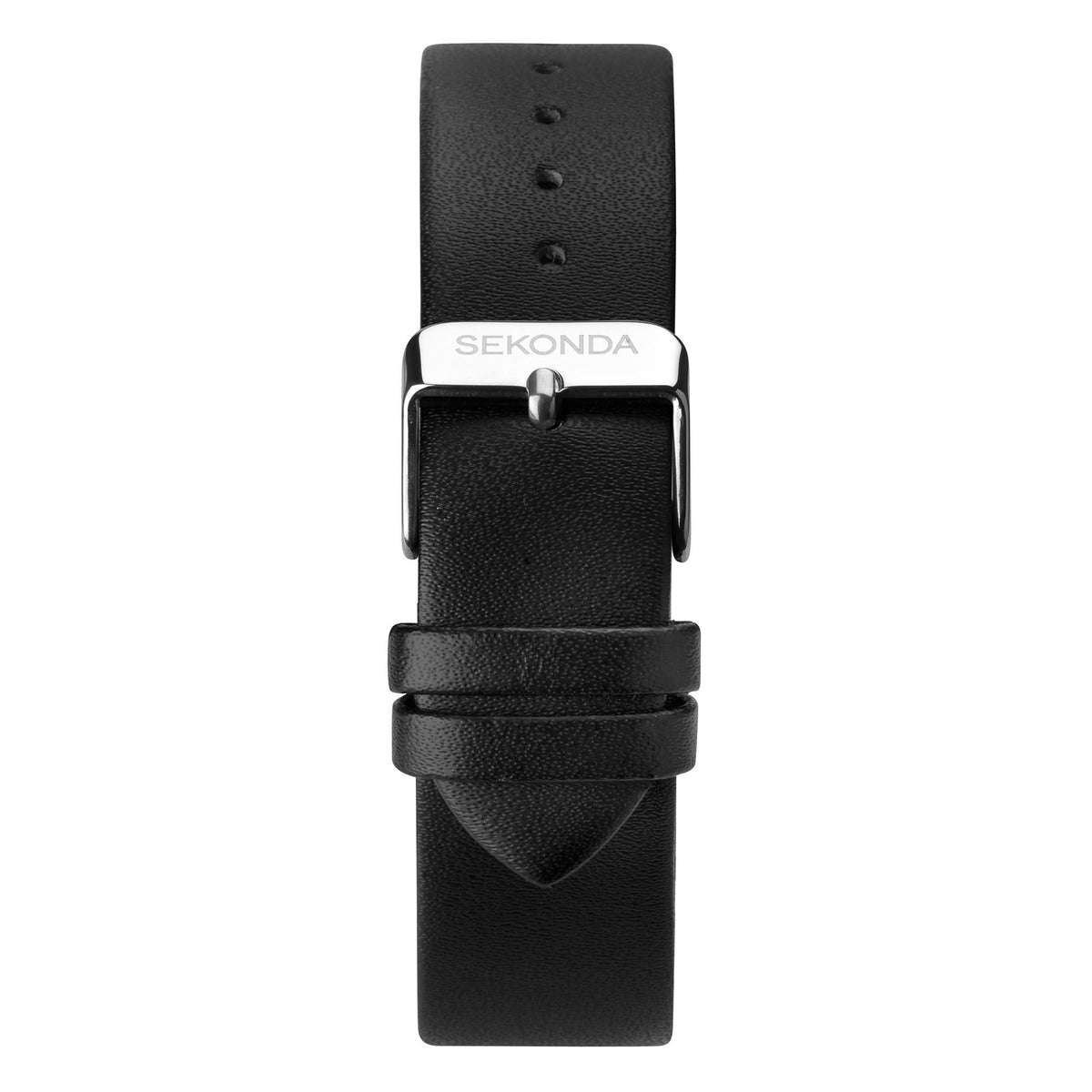 Black leather watch strap with silver buckle and clasp, top view