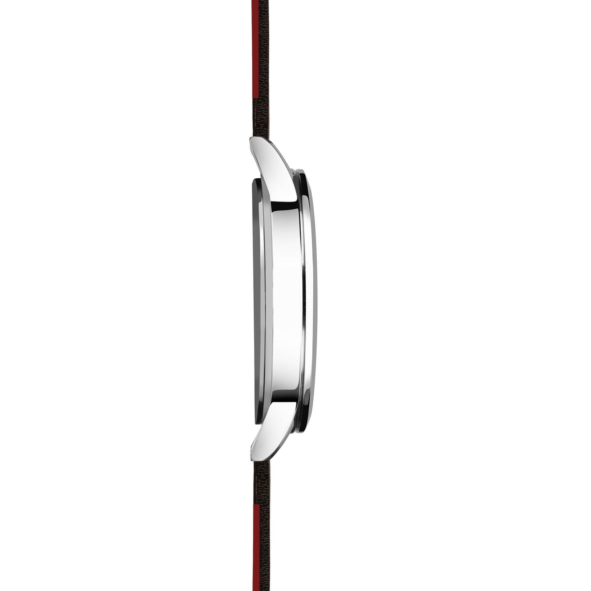 Watch side profile on dark leather strap, silver case with thick bezel