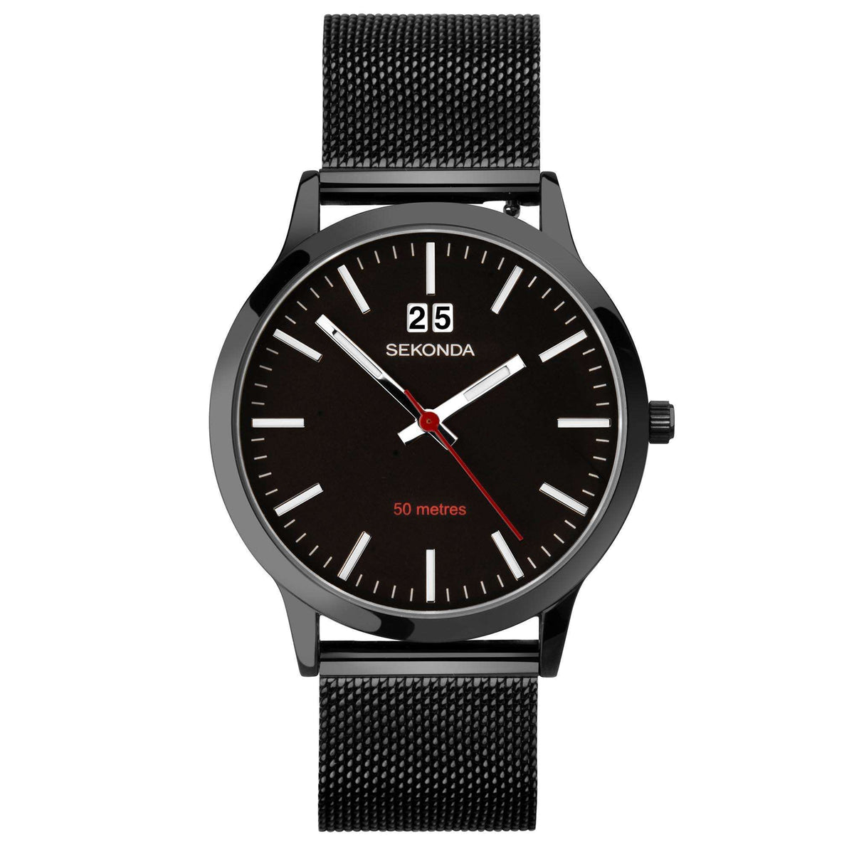 Black dial wristwatch with black Milanese mesh strap and red second hand, round case