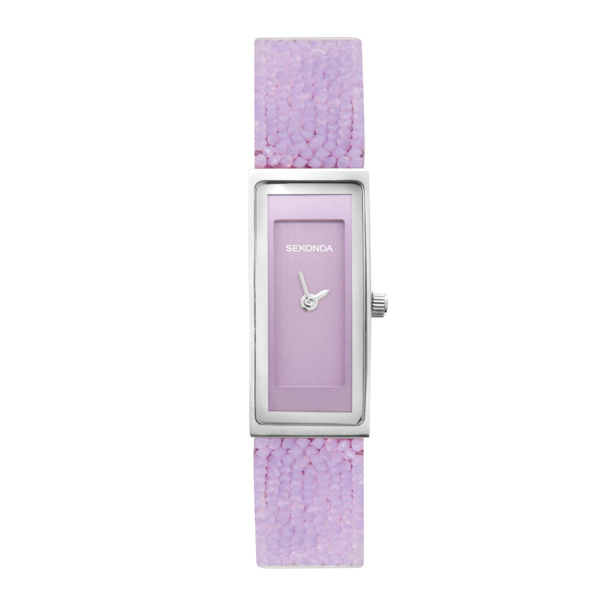 Sekonda ladies watch with lilac dial, silver case, and textured lilac strap