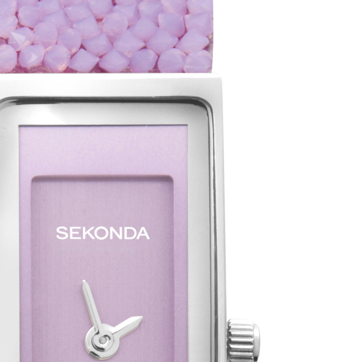 Sekonda watch dial close-up with lilac background, bird hands, and silver case