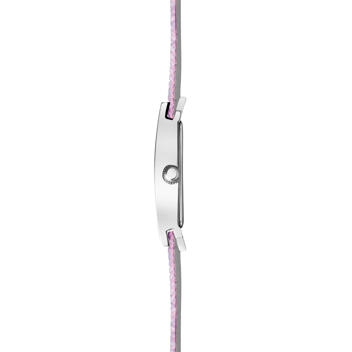 Sekonda watch side profile with lilac textured strap and silver crown and markers