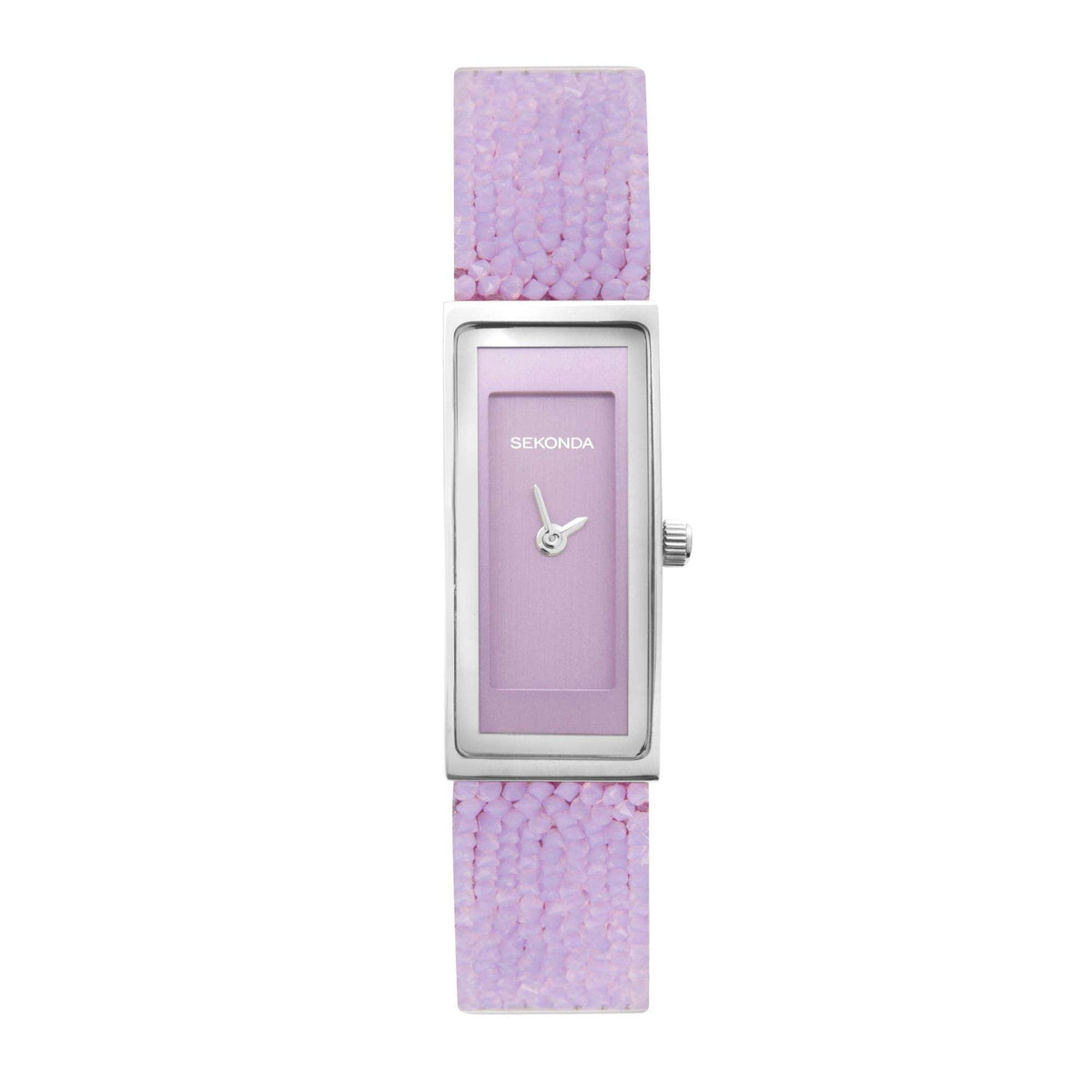 Sekonda women’s watch with lilac dial, silver rectangular bezel, and lilac textured strap