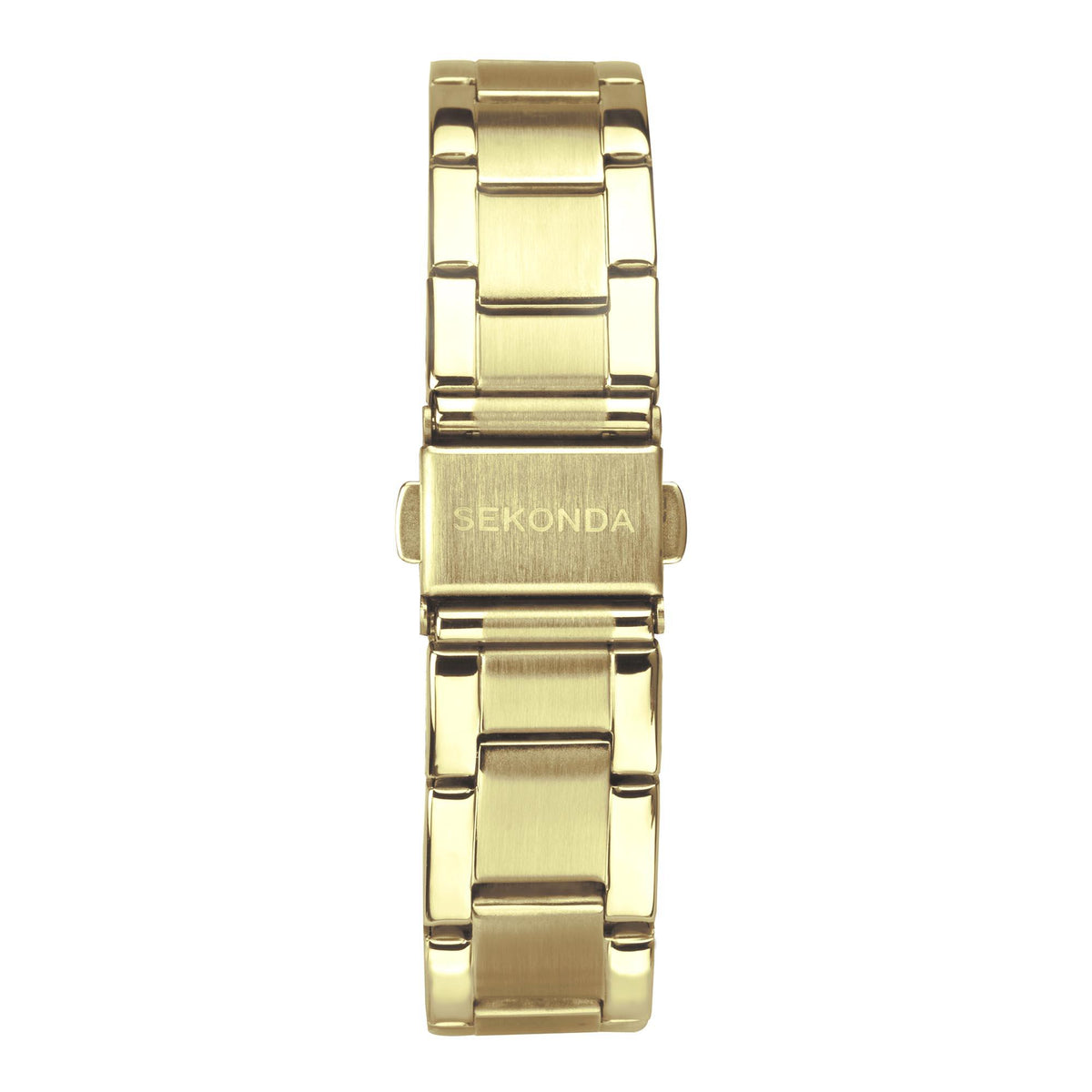 Gold-tone ladies quartz wristwatch rear view with linked bracelet and clasp.