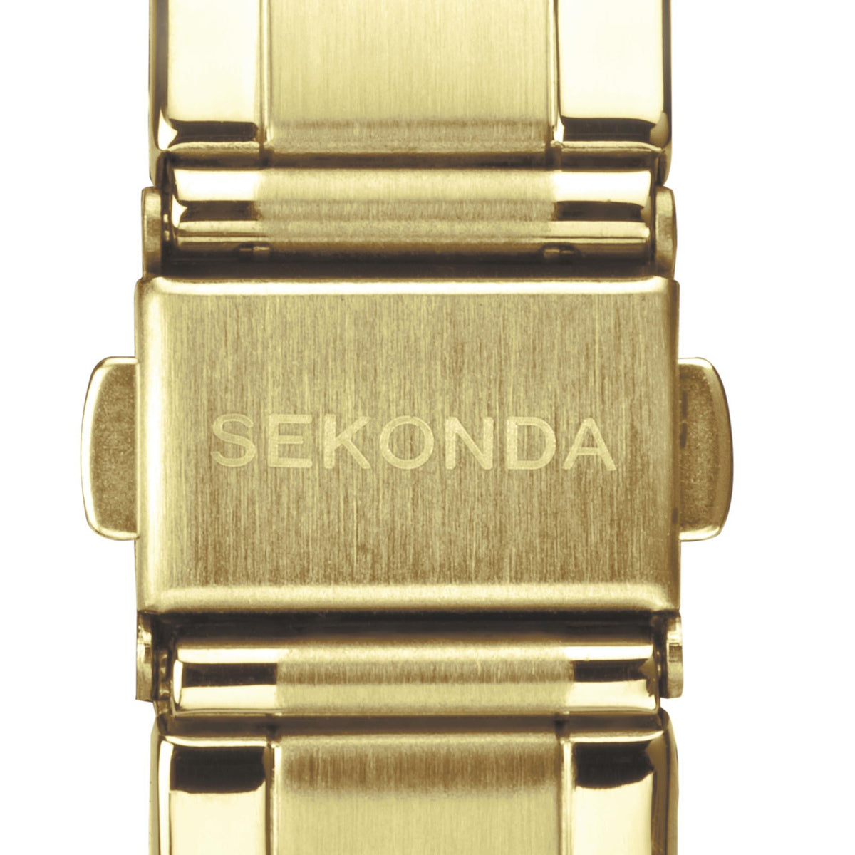 Gold stainless steel bracelet watch clasp with engraved SEKONDA, link and clasp detail