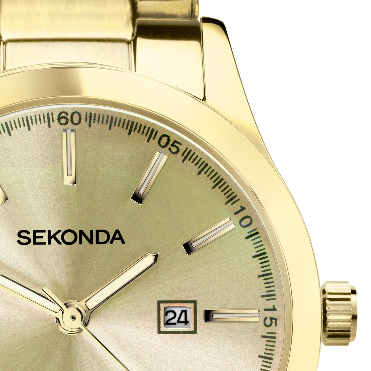 Champagne dial ladies watch with gold-tone markers, SEKONDA logo and day-date window