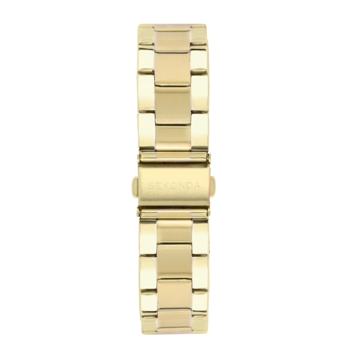 Men's gold PVD quartz wristwatch bracelet side view with clasp and polished links
