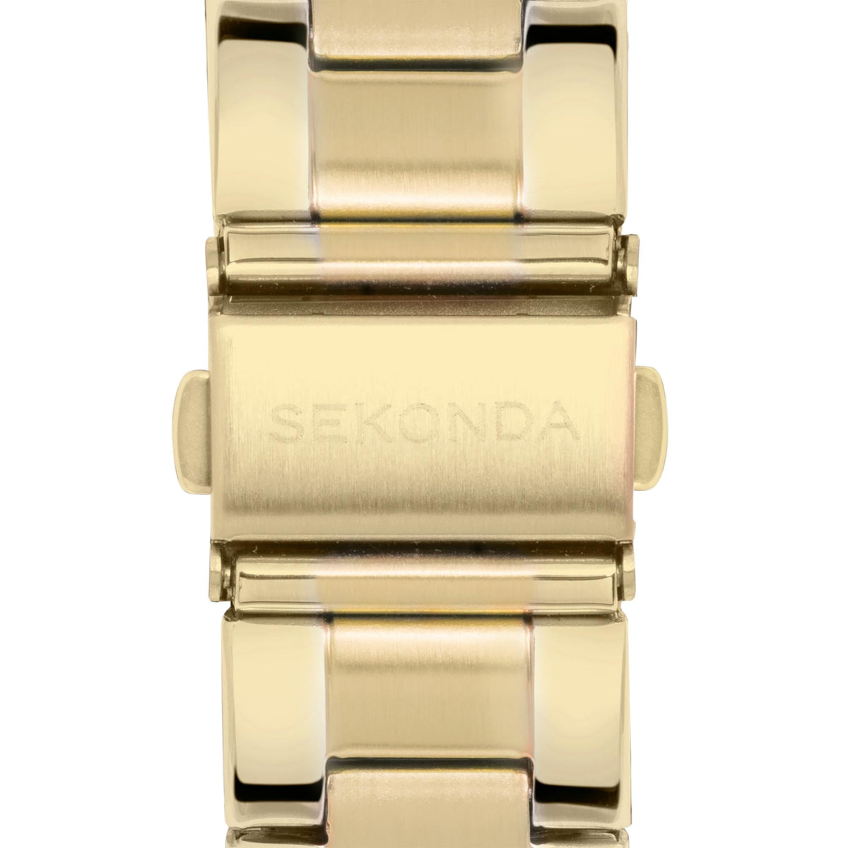 Men's gold PVD quartz watch bracelet close-up with engraved Sekonda branding