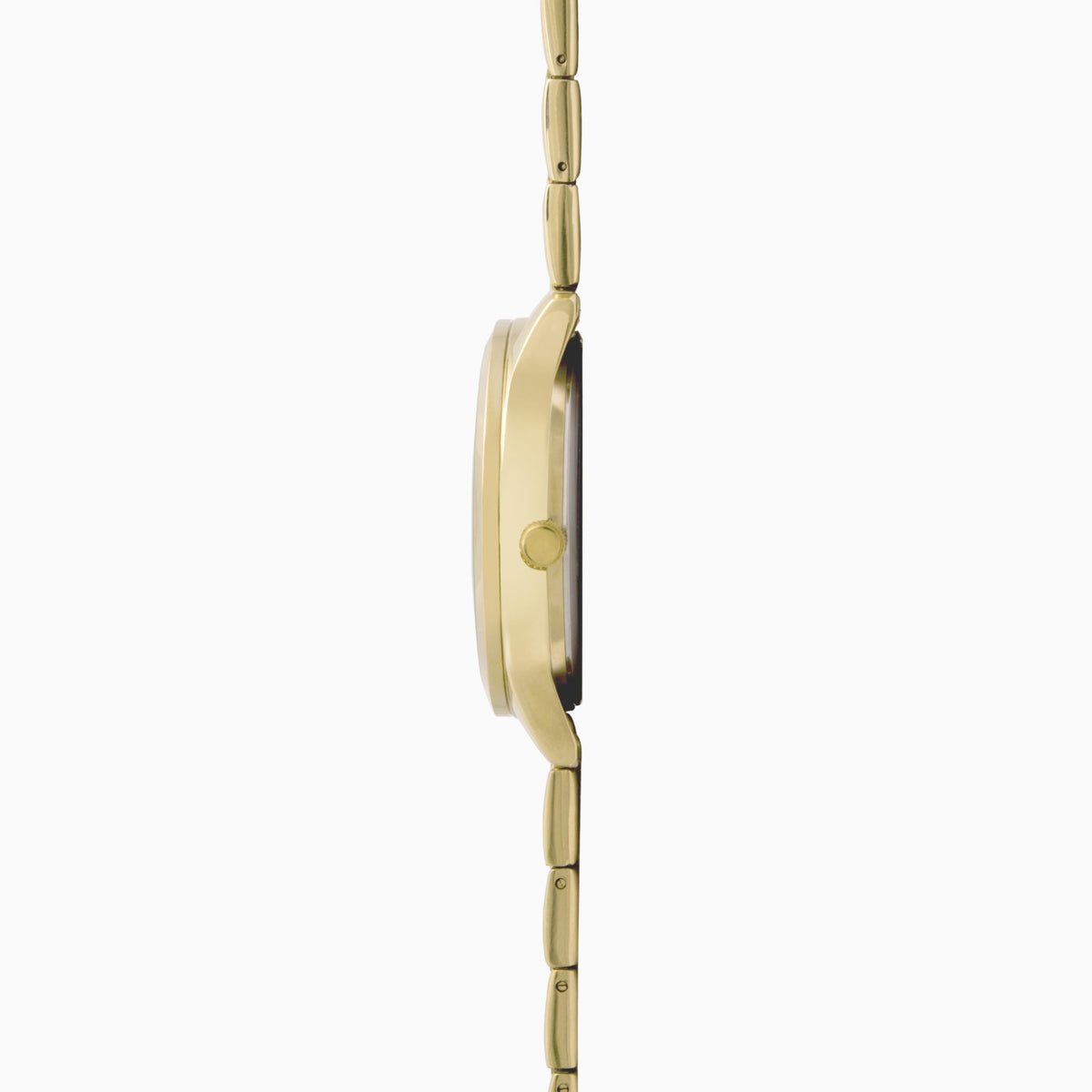Gold-tone watch case and bracelet link, side crown visible
