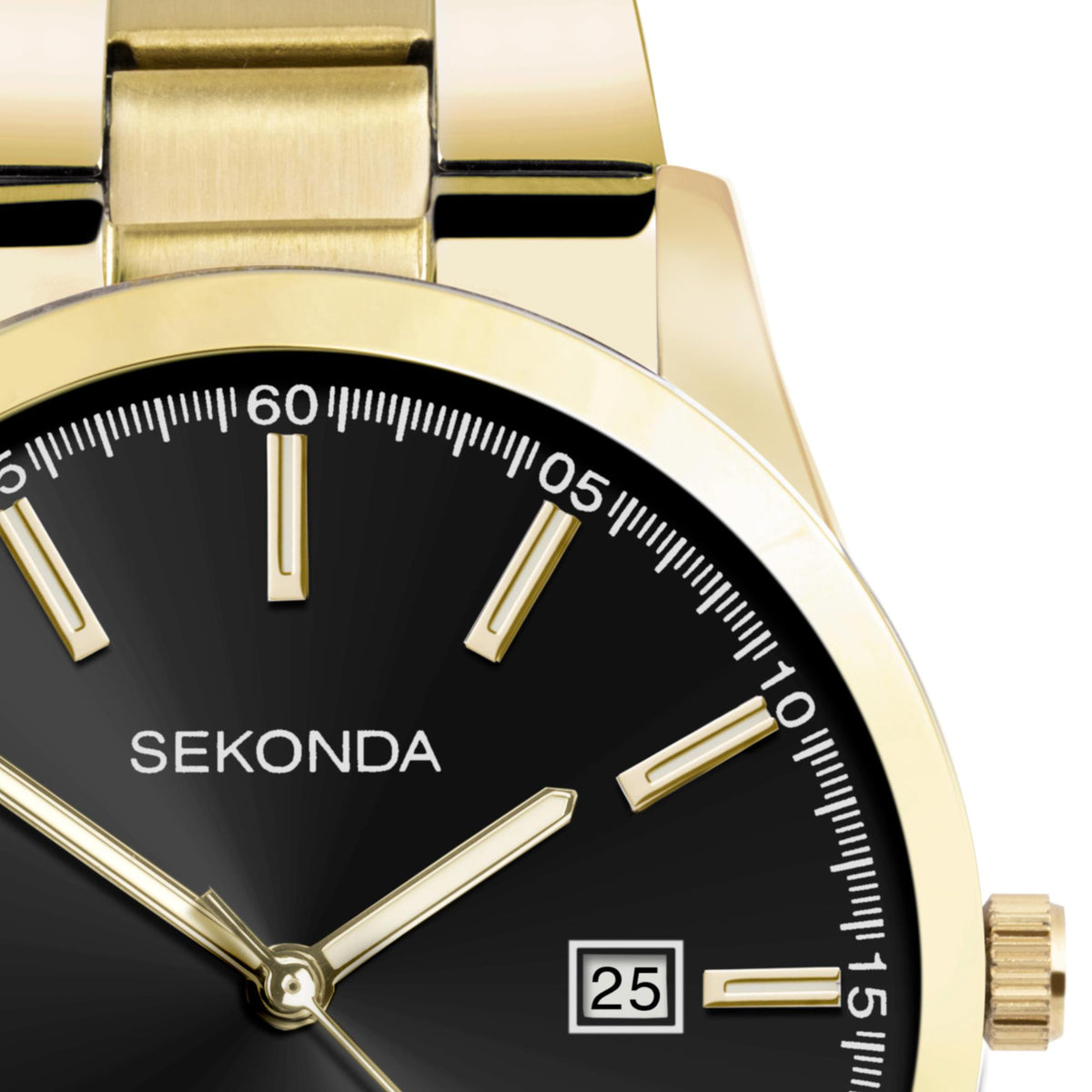 Gold-tone quartz watch with black dial, gold indices, and date window