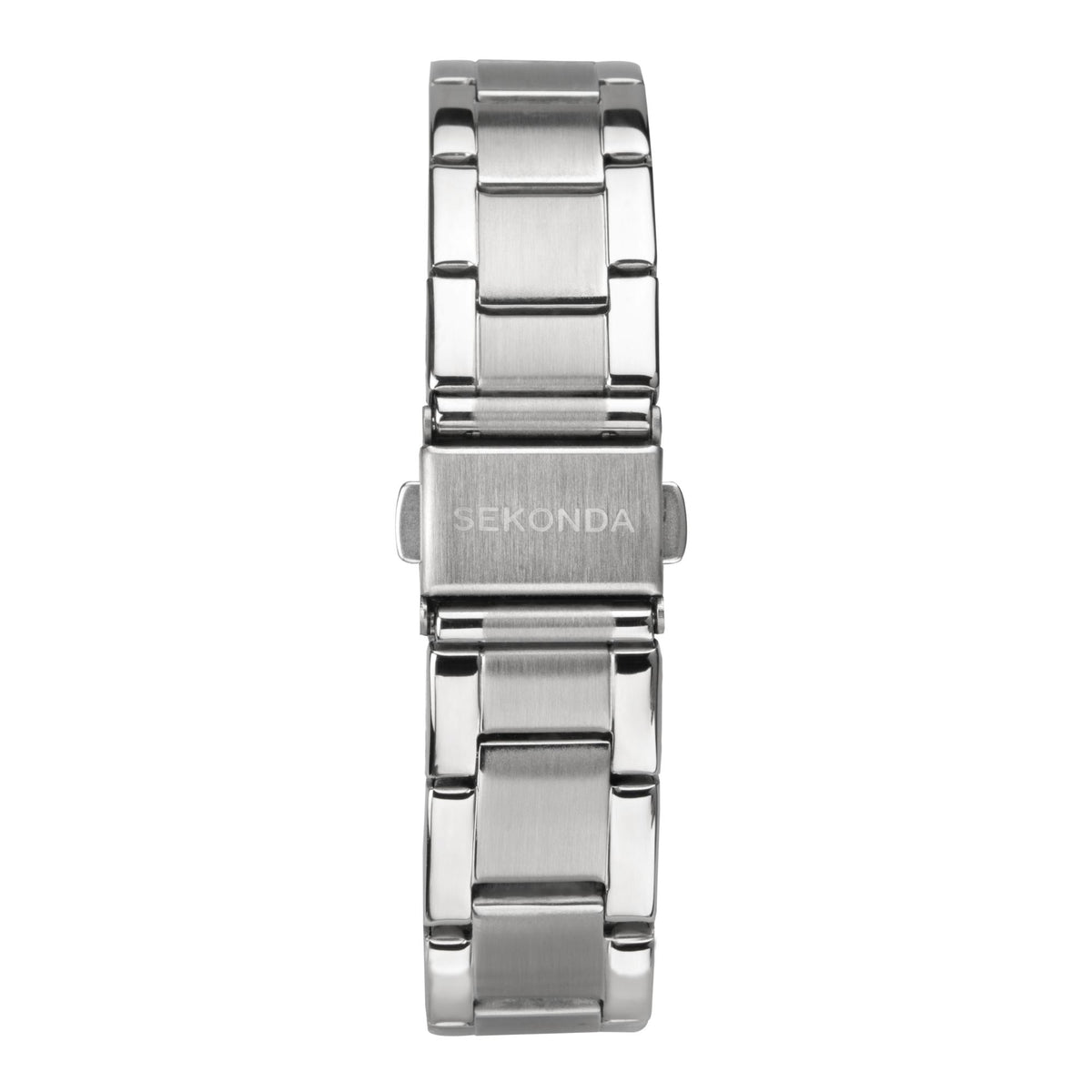 Front view of silver stainless steel bracelet watch with metal clasp